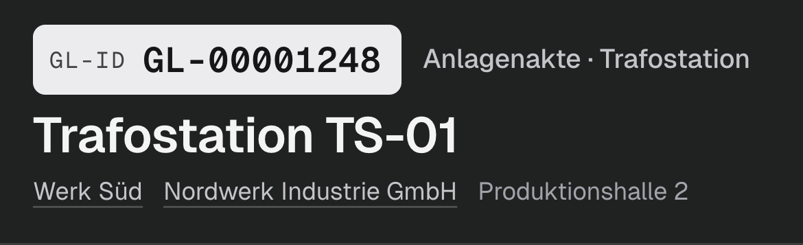 Trafostation TS-01 mit derselben GL-ID in der Anlagenakte, nach der Anmeldung.