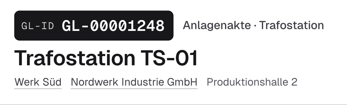 Trafostation TS-01 mit derselben GL-ID in der Anlagenakte, nach der Anmeldung.
