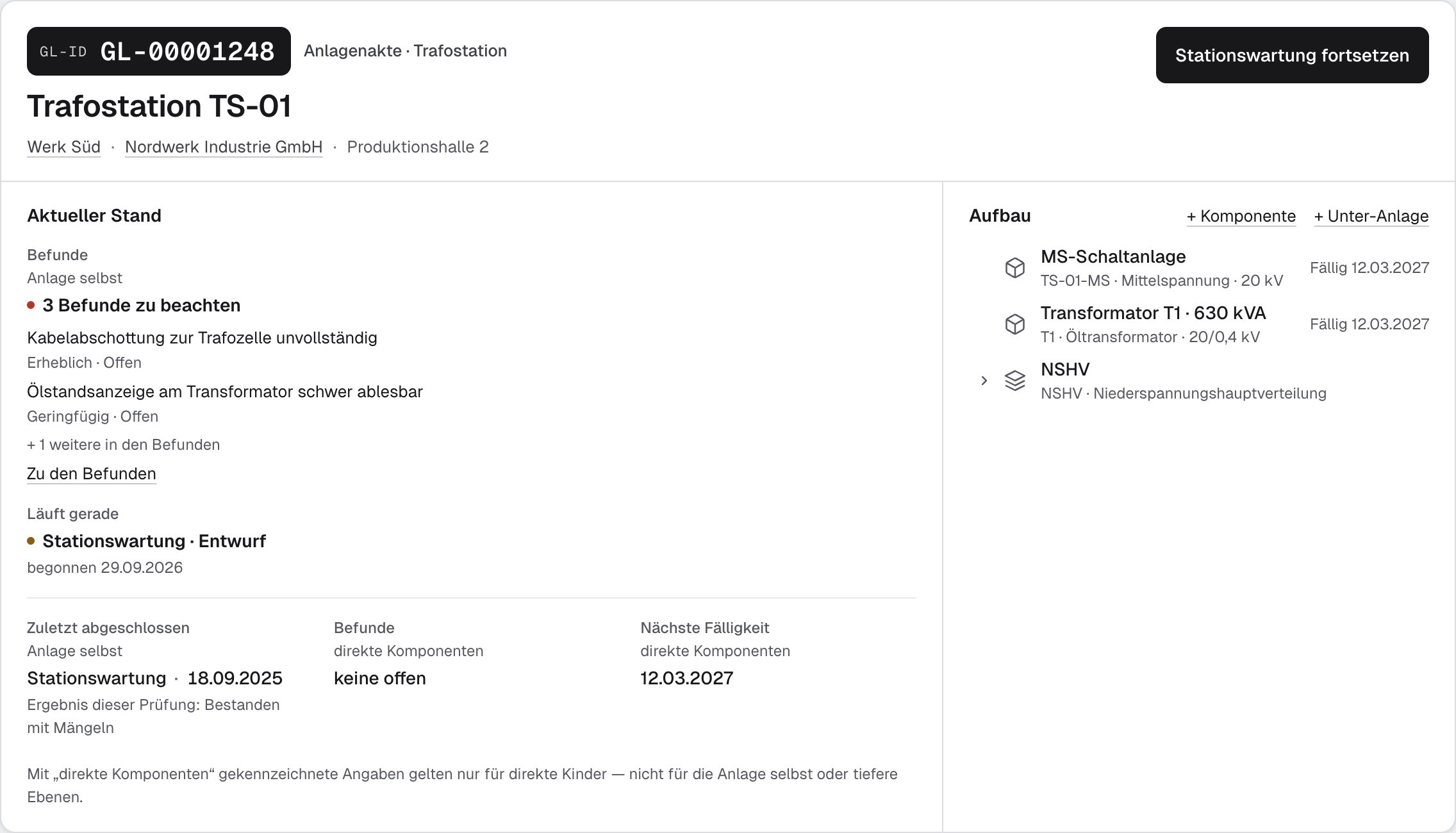 Trafostation TS-01 im GridLogs Aktenblatt mit aktuellem technischen Stand.