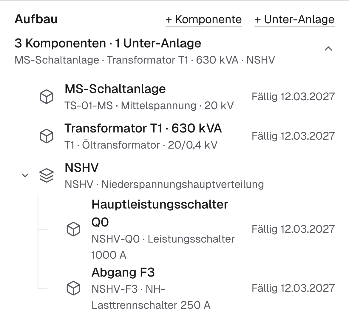Aufbau der Trafostation TS-01: Komponenten und eine Unter-Anlage mit ihren Teilen.