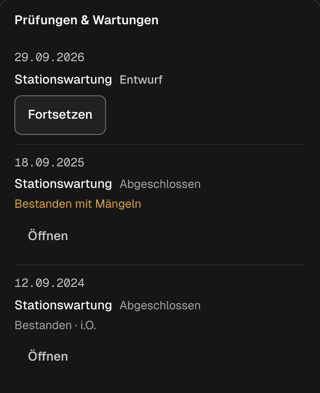 Prüfungen und Wartungen der Trafostation TS-01: eine laufende, zwei abgeschlossene — mit Datum und Ergebnis.