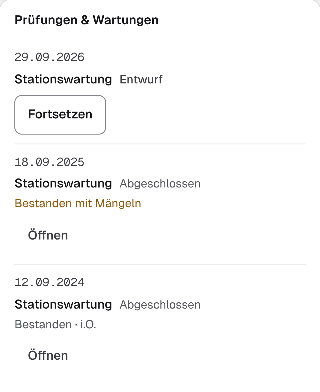 Prüfungen und Wartungen der Trafostation TS-01: eine laufende, zwei abgeschlossene — mit Datum und Ergebnis.
